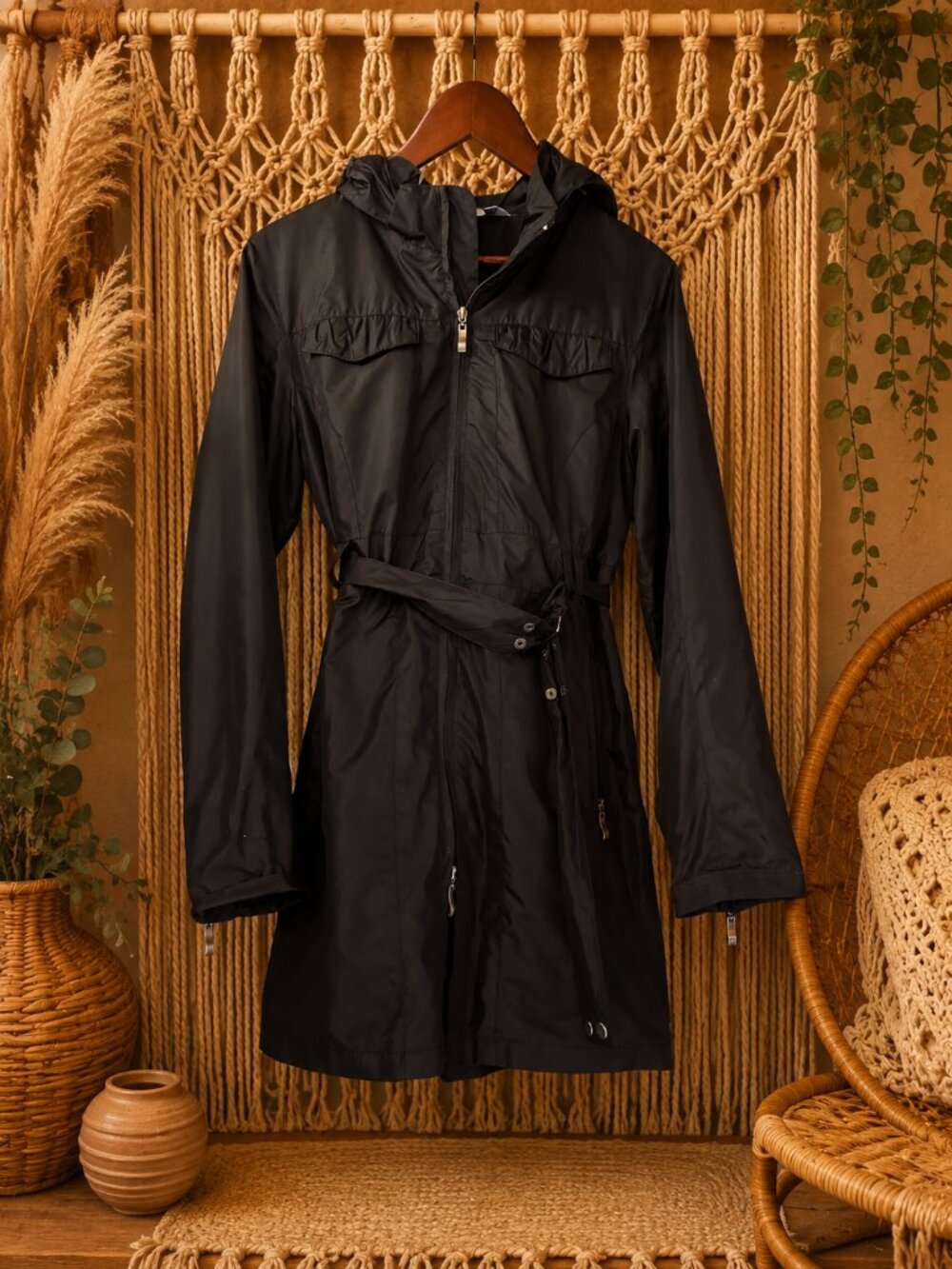 Black Hooded Belted Jacket | Lightweight Utility Coat | Women’s